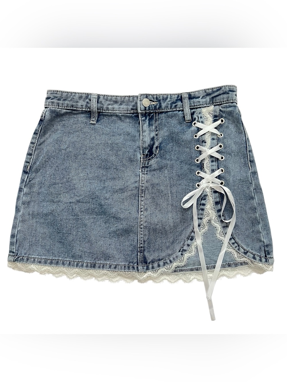 Y2K PLAYBOY Denim Mini Skirt Lace Hem Lace-Up Slit Flirty Sexy Women’s M